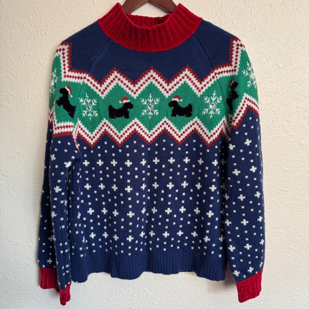 99 Jane Street Scottie Dog Holiday Sweater Chenille Trim Navy Blue Medium